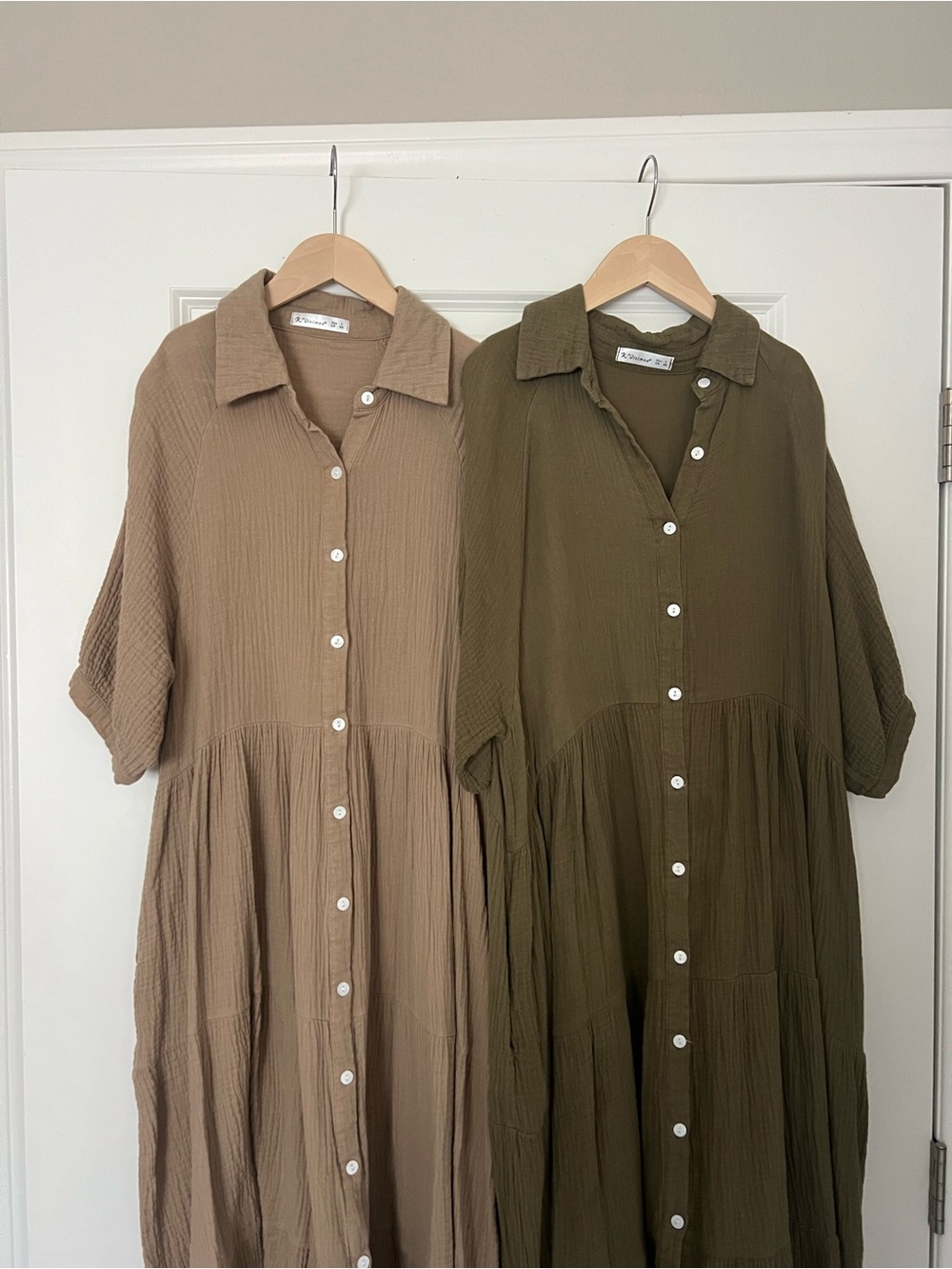 Lightweight Button-Front Maxi Dress in Olive and Taupe - Picture 2 of 5